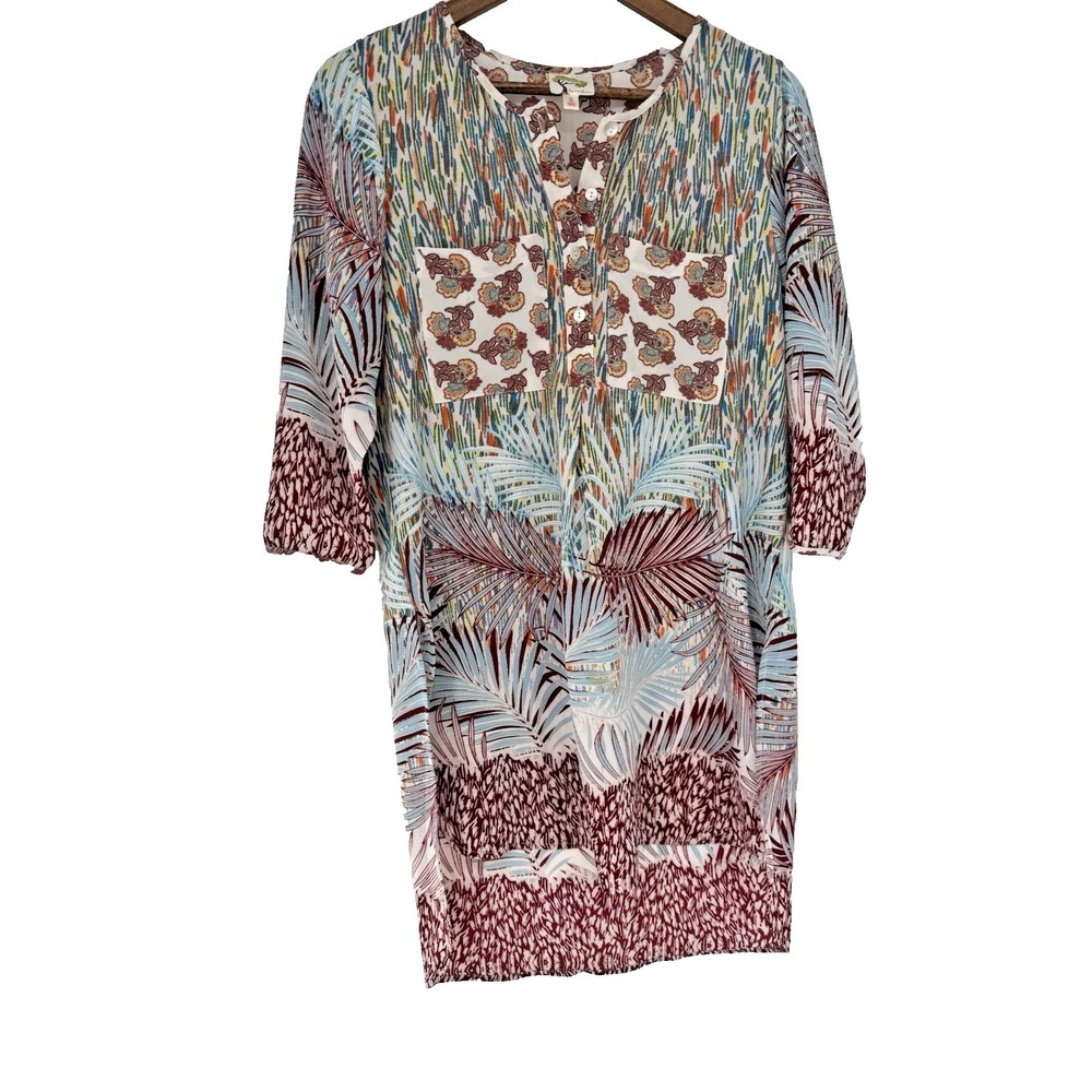 Fig and Flower Hi-Lo Tunic Top Mini Dress Boho tropical artsy sheer button up S